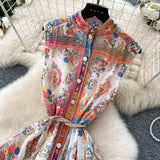 Holiday Style Niche Elegant Sleeveless Single Buckle Print Roll Dress Women Fashion Thin Dress