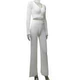 Spring/Summer 2025 New Knitted Set Of Women's Fluorosclumned Casual Solid Color Hollow High-Waisted Trousers Commuting Suit