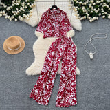 Salt-Lineed Light Style Suit Women's Fashion With Loose Short Print Shirt + High Waist Display Thin Leg Slacks