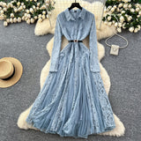 French Retro Elegant Dress Women Winter High Hook Lace Splicing Mesh Yarn Irregular Knee Dress