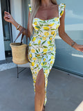 New Elegant Design French Flower Sling With Open Fork Mid-Long Ladies Dress In Summer 2025