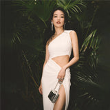 2025 Summer New Women's Fashion Slanted Single Shoulder Hollow Solid Color Draw Folded Waist Dress