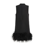 Design Sense A Dress 2025 Autumn New Standing Collar Sleeveless Solid Color Feathers Spliced Dress Dress Woman