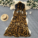 High-End Fashionable Dress Women's French Nail Polish Brighten Embroidery V Collar Long Sleeve Leopard Print Elegant Long Dress