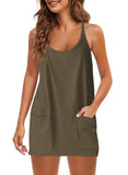 2025 Summer Solid Sleeveless Dress Fine Shoulder Strap Vest Skirt Sports Skirt Pocket