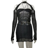 Spring 2025 New Knitted Hollow Tice With Cuffet Wrapped Chest Umbilled Tumice Skirt Knitted Suit Woman