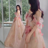 Three-Dimensional Flowers Shoulder Small Tail Dress Bridal Toast Banquet Fairy Fluffy Skirt Evening Dress Woman