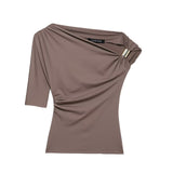 Metal Set Asymmetric Coat 2025 Summer Folded Single-Sleeved Elastic Body Trim Women's T-Shirt Casual