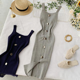 Knitted Dress 2025 New Summer Temperament Square Collar Slim Thin Buckle Sleeveless Vest Open Bottom Skirt