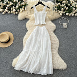 Super Fairy Vacation Wearing Women's Summer Dress Pure Desire Elastic Sling Sling Vest Hollow Embroidered High-Rise Half-Schamin Dress Suit