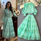 2025 Autumn Lantern Sleeve Long-Sleeved Hollow Lace Splicing Shirt + A Word Half-Dress Dress Dress Woman