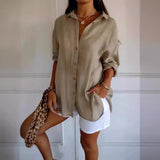 2025 New Single-Dran Buckle Folding Collar Shirt Burst Lady Solid Color Can Sleeve Top