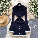 Light Luxury Famous Knitted Dress Woman Autumn Wooden Ear Over The Collar To Slim Beautiful Sister Mid-Long Dress