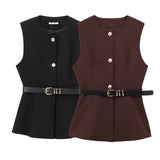 Spring 2025 New Women's Round-Neck With Sleeveless Belt Vest Women's Top