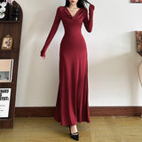 Fashion 2025 Autumn And Winter Women's New Pure Color Temperament High-End Sense Collar Body Dress