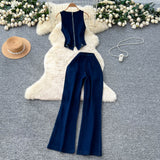 Temperament Design Sense Metal Buckle Round-Neck Sleeveless Vest + High-Waist Broad-Legged Trousers Denim Set Of Women