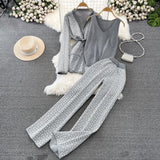 Oceanish Clopette Dress Dress Shawl Jacket + V-Neck Bottom Knitted Shirt + Broad Leg Trousers Three-Piece Set