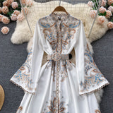 Spring And Autumn Retro Collar Horn Sleeve Print Dress Women In Court Style Over The Long Skirt