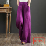 Pure Linen Large-Size Broad Leg Trousers Women's Rope Loose Waist Cotton Spring And Summer Women's Trousers Loose Cotton Thighs Summer