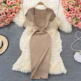 Tight-Up Thin Collar Knitted Dress Short Sleeve 2025 Summer New Temperament Sexy Hot Ass Long Skirt