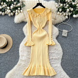 French Retro Doll Collar Horn Sleeve Dress Women Autumn Waist Thin Temperament Knitted Dress