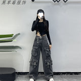 Vibe High Street Multi-Pocket Black Work Clothes Jeans Women 2025 New High-Waisted Loose Broad-Legged Trousers