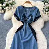 Vintage Elegant Denim Dress Woman 2025 Summer High-End Heavy Industry Diamond Embroidery Waist V-Neck Short-Sleeved Long Dress