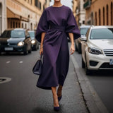 2025 Women's Fashion Temperament Elegant Solid Color Waist Dress Casual Bat Sleeve Dress