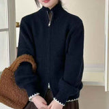 Korean Solid Color Thin Knitted Collar Jacket 2025 New Simple Leisure Pocket Short Zipper Open Shirt