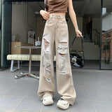Small High Street Ripped Jeans Women's Summer New Thin High-Waisted Straight-Legged Loose Drag Trousers
