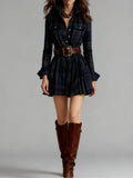 2025 Women's Digital Printed Check-Shirt Dress Waist Pocket Dress