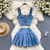 Chic Port Style Retro Hottie Set Short Sling Vest With Mini Half-Dress Denim Two-Piece Tide