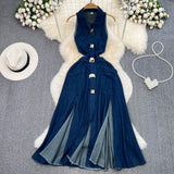 Vintage Collar Claved Open Waist Thin Sleeveless Single Buckle A Word Open Fork Denim Dress Casual Dress