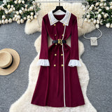High-Grade Small Fragrant Style Trendy Collar Long Sleeve Metal Double Buckle Waist Thin Temperament Knitted Dress