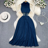 Vintage Collar Claved Open Waist Thin Sleeveless Single Buckle A Word Open Fork Denim Dress Casual Dress