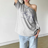 2025 Summer New Women's Street Fashion Letter Print Slanted Shoulder Short-Sleeved Loose T-Shirt Top