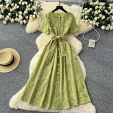 Summer Dress French Retro Heavy Industry Hollow Embroidery Round Neck-Waist Short-Sleeved Dress Female Thin Single Row Buckle Long Skirt