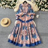 Vintage Court Print Flip Lantern Sleeves To Close Waist Single Buckle Dress Women Thin Elegant Long Dress