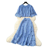 French High-End Squeal Hook Lace Set Women's Summer Fashion Short Horn Sleeve Shirt High Waist Half-Dress