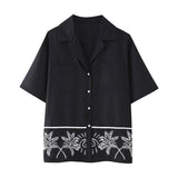 2025 Summer New Women's Collar Short-Sleeved Embroidered Shirt Tight High-Rise Straight Trouser Set High-Waist Design
