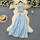 Super Fairy Vacation Wearing Women's Summer Dress Pure Desire Elastic Sling Sling Vest Hollow Embroidered High-Rise Half-Schamin Dress Suit
