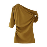 Sexy Bare Shoulder Metal Set Asymmetric Top 2025 Spring And Summer Folding Trim Short-Sleeved Women's T-Shirt