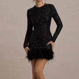 Women's Clothing Spring 2025 New Glit Decorative Feathers Spliced Long-Sleeved Mini Dress