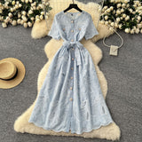 Summer Dress French Retro Heavy Industry Hollow Embroidery Round Neck-Waist Short-Sleeved Dress Female Thin Single Row Buckle Long Skirt