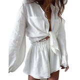 2025 Women's Casual Pure Color Lotus Leaf Side Shorts Shirt Fashion Set Women's Two-Piece