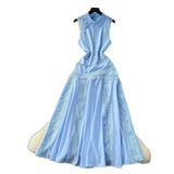 French High-End Squeal Lace Splicing Sleeveless Waist Dress Women's Summer Thin Temperament Elegant Long Dress