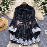 Spring Dress Women's Neckline Bow Tie With Lantern Sleeve Lace Splicing Bright Face Chiffon Skirt Skirt Skirt