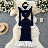 Autumn New Retro Bumpy Dolls To Receive Waist Knitted Dress Female Elastic Temperament Lotus Leafy Dress