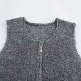 Round Collar Double Zipper Knitted Vest Vest 2025 Spring Loose Short Sweater Cardigan Woman