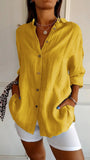 2025 New Single-Dran Buckle Folding Collar Shirt Burst Lady Solid Color Can Sleeve Top